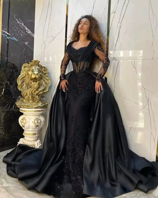 Elegant Black Satin Prom Party Dresses For African With Overskirt Train 2025 Long Sleeves Formal Evening Occasion Gowns Custom