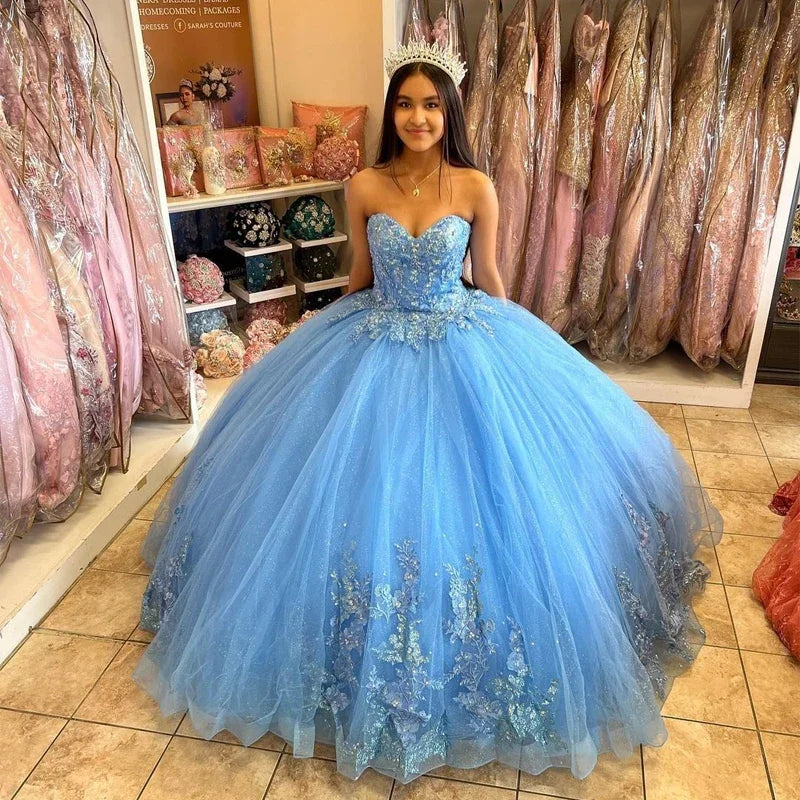 Blue Ball Gown Quinceanera Dresses Princess 15 Party Glitter Tulle Appliques Court Train Masquerade Cinderella Birthday Gowns