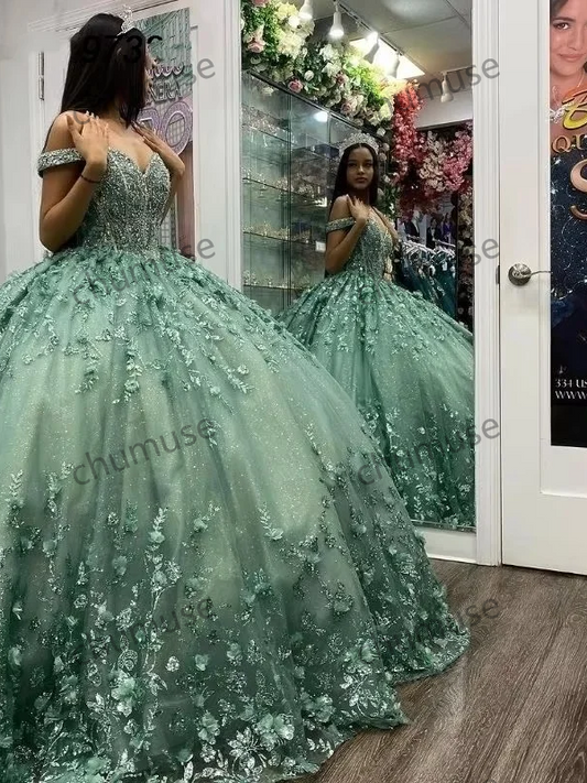 Sage Green Quinceanera Dress Ball Gown Sequins Lace Applique Beading Mexico Sweet 16