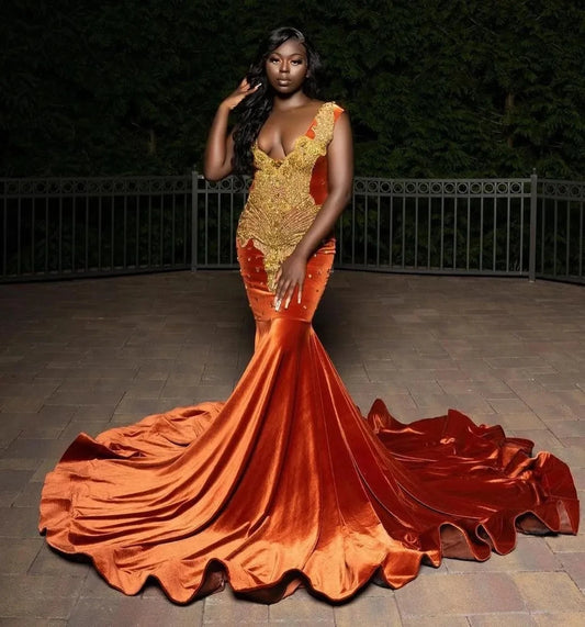 2025 Orange Mermaid Luxury Prom Dresses Beaded Crystals Evening Formal Party Second Reception Birthday Engagement Gowns Customed