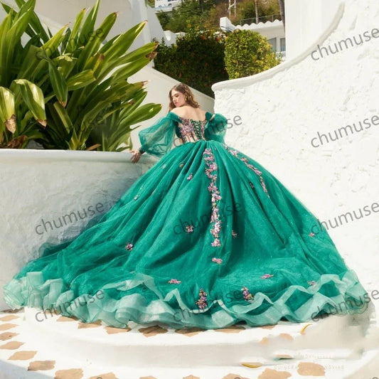 Sweet 16 Princess Quinceanera Dresses Off Shoulder 3D Floral Puff Sleeve Coset