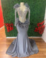 Gray African American Prom Dresses Mermaid Long Sleeves Feather Crystals Black Girls Nigeria Robe De Soiree Gown Customized