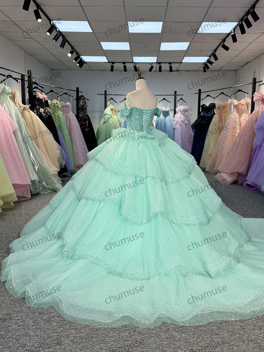 Sweet Customized Green Princess Ball Gown Quinceañera Dresses Bow Short Sleeves Beads Birthday Party For 15th Girls