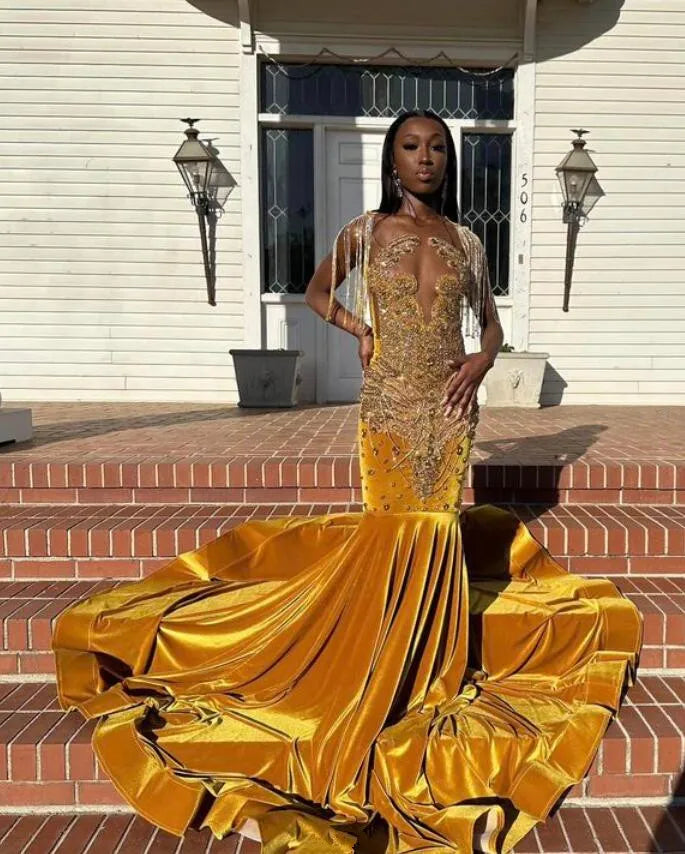 Gold Sparkly Long Evening Birthday Party Dresses for Black Girl Diamond Tassel Mermaid Prom Ceremony Formal Dress customsized