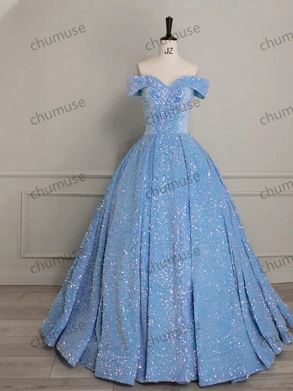 Customized Evening Dress Short Sleeves Sequins Ball Gown Boat Neck Lace Up Floor-Length Sky Blue Party Formal Dresses Woman