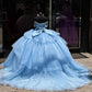 Glitter Sky Blue Princess Quinceanera Dresses Beaded Off The Shoulder Ball Gown Tull Tiered Corset Vestido De 15 Anos customized