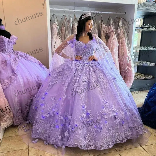 Lilac Lavender Princess Quinceanera Dresses Cape Puffy lace-up Sweet 15