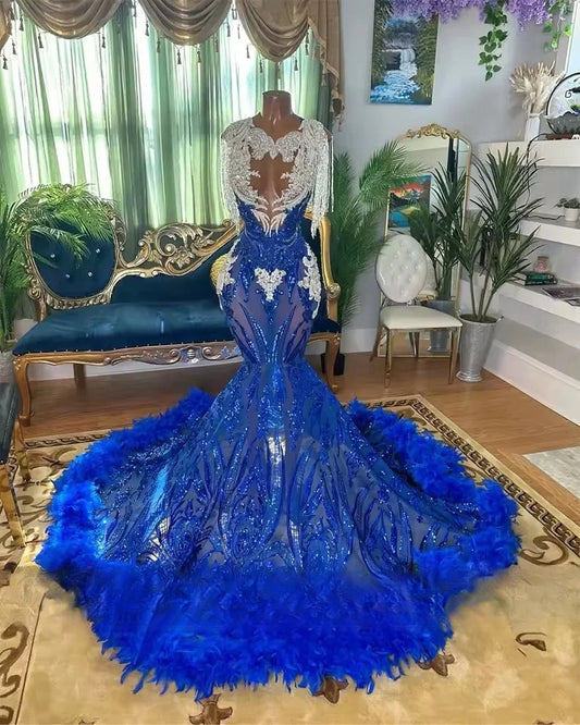 Royal Blue Prom Dresses 2025 Crystal Sequins Gown For Black Girls Gems Birthday Party Gowns FFor Black Girls Customized