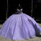 Lavender V-Neck Quinceanera Dresses Applique Bow Off The Shoulder Ball Gown Tull Lace-Up Sweet 16 Dress customized