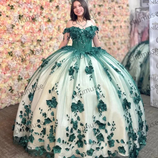 Green Off The Shoulder Quinceanera Dresses Tulle 3D Flower Beading Pageant Birthday