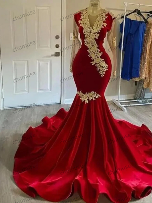 Elegant Red Mermaid Prom Dress With Gold Appliques Long Sleeves Women Party Clothing