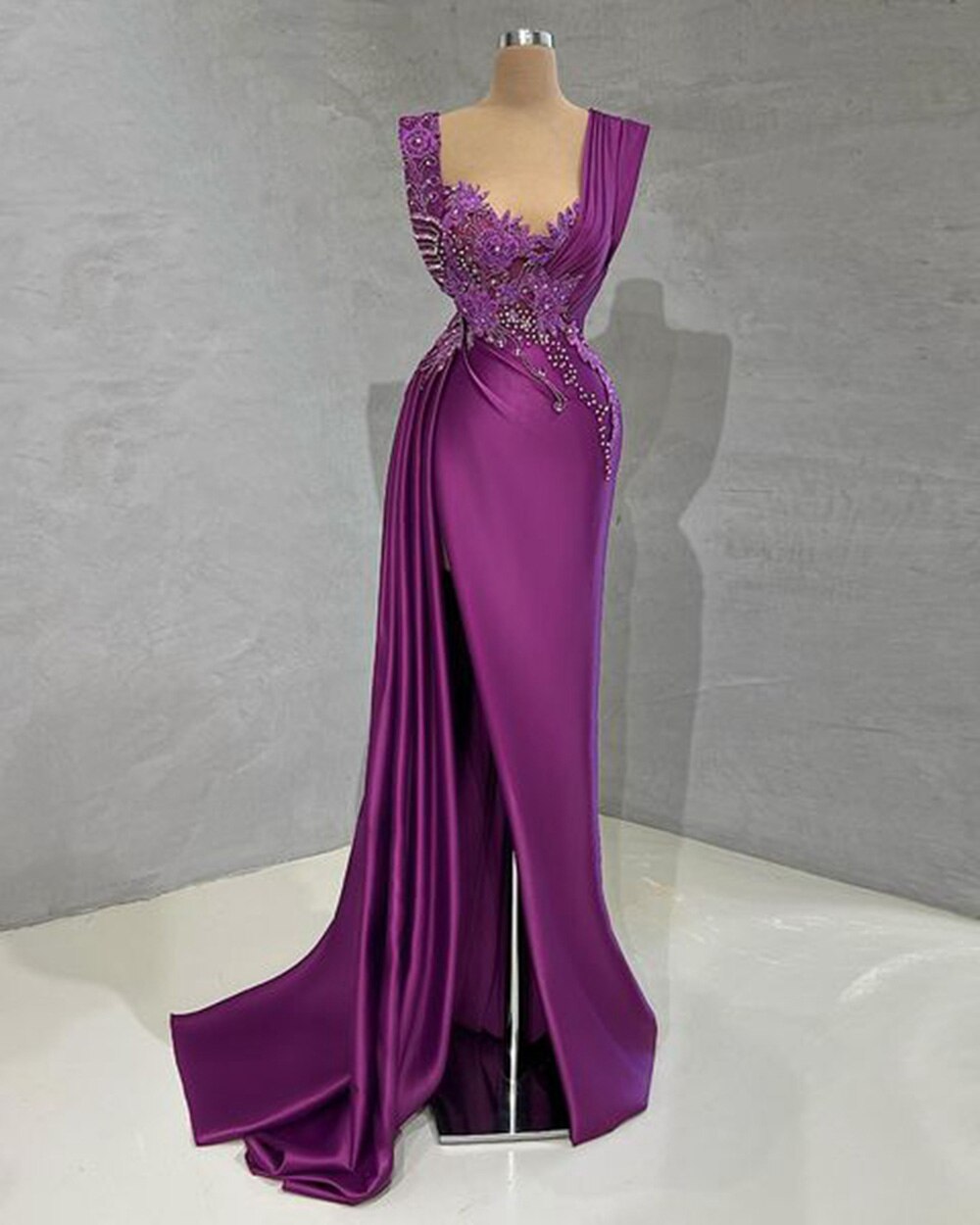 Long Evening Dresses 2022 Sexy High Slit Luxury Beaded Dubai Women Purple Satin Formal Evening Party Gowns robes de soirée