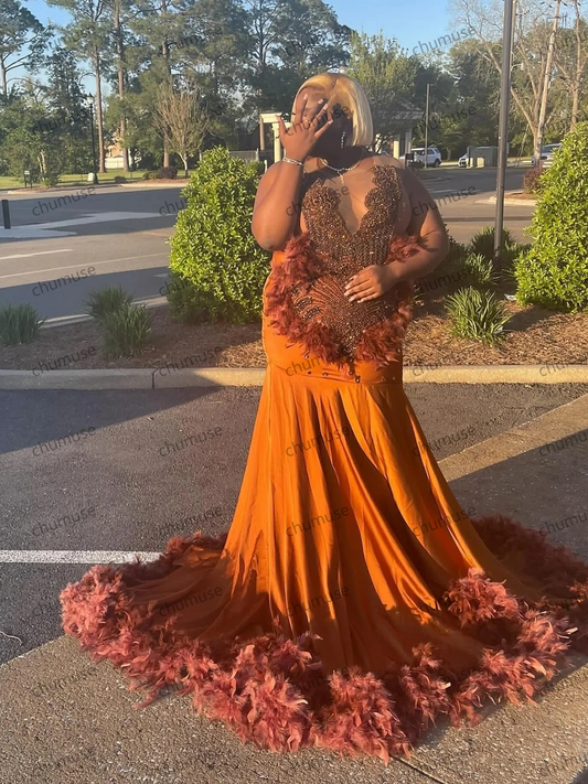 Sexy Orange Feathers Mermaid Prom Dress Beading Gillter African