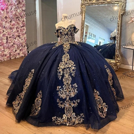 Navy Blue Princess Quinceanera Dress Off Shoulder Gold Lace Applique Beading