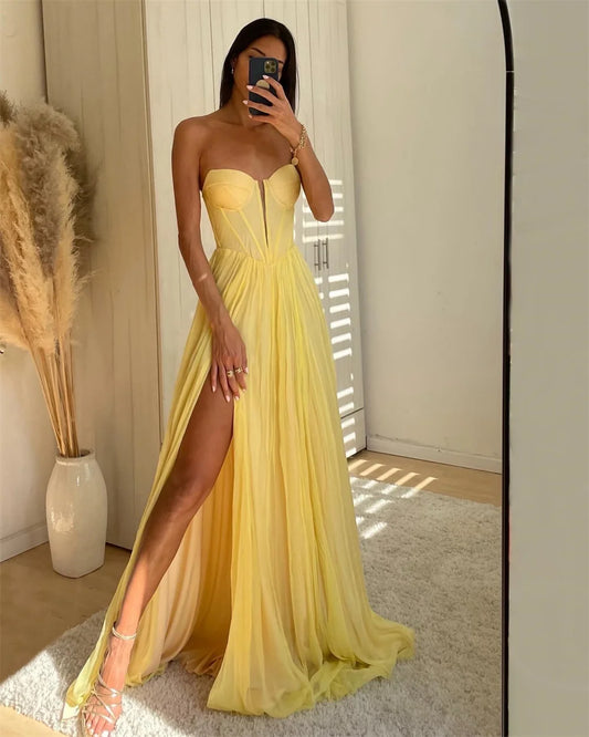 Yellow Chiffon Prom Dresses Strapless Aline Side Split Wedding Dress Customized Sleeveless Floor-length