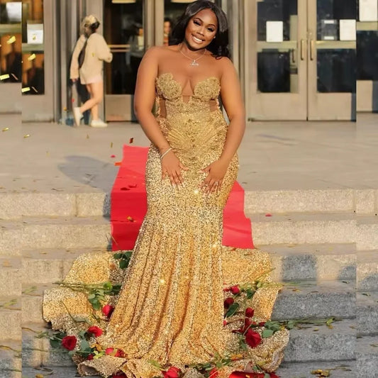 Customized Gold Sequins Mermaid Prom Dress 2025 For Black Girls Crystal Rhinestone Beaded Party Gala Gown Robe De Soiree