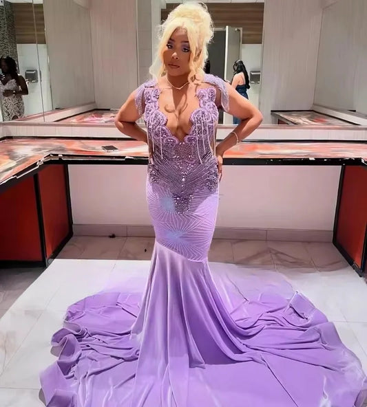 Elegant Lilac Prom Dresses 2025 Black Girls Rhinestone Velvet Mermaid Party Dress Long Light Purple Evening Gowns Customized