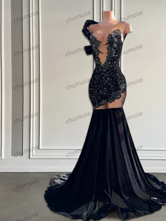 Sparkly Diamond Long Prom Gowns For Black Girls Sexy Sheer Mesh Sequin Mermaid Style Prom Birthday Party Gowns Customized