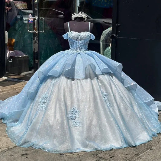 Sky Blue Sweetheart Quinceanera Dress Customized Appliques Sequins 3D Flowers Sweet 16 Princess Ball Gown Vestidos De 15 Anos