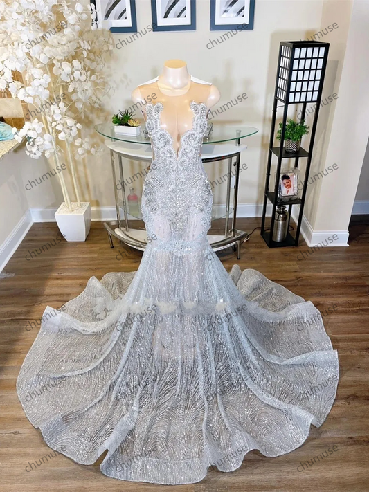 Silver O Neck Mermaid Crystal Beading Birthday Party Gown