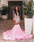 Sparkly Pink Long Mermaid Evening Formal Dresses Luxury Diamond Feather Sheer Mesh Customsized Prom Birhtday Gala Gown