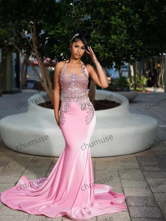 Pink Mermaid Prom Dress Beaded Rhinestone Birthday Dresses Black Girls