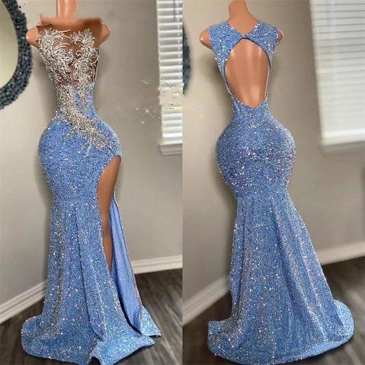 Glitter Blue Sequins Prom Dress Beading Crystal Side Split