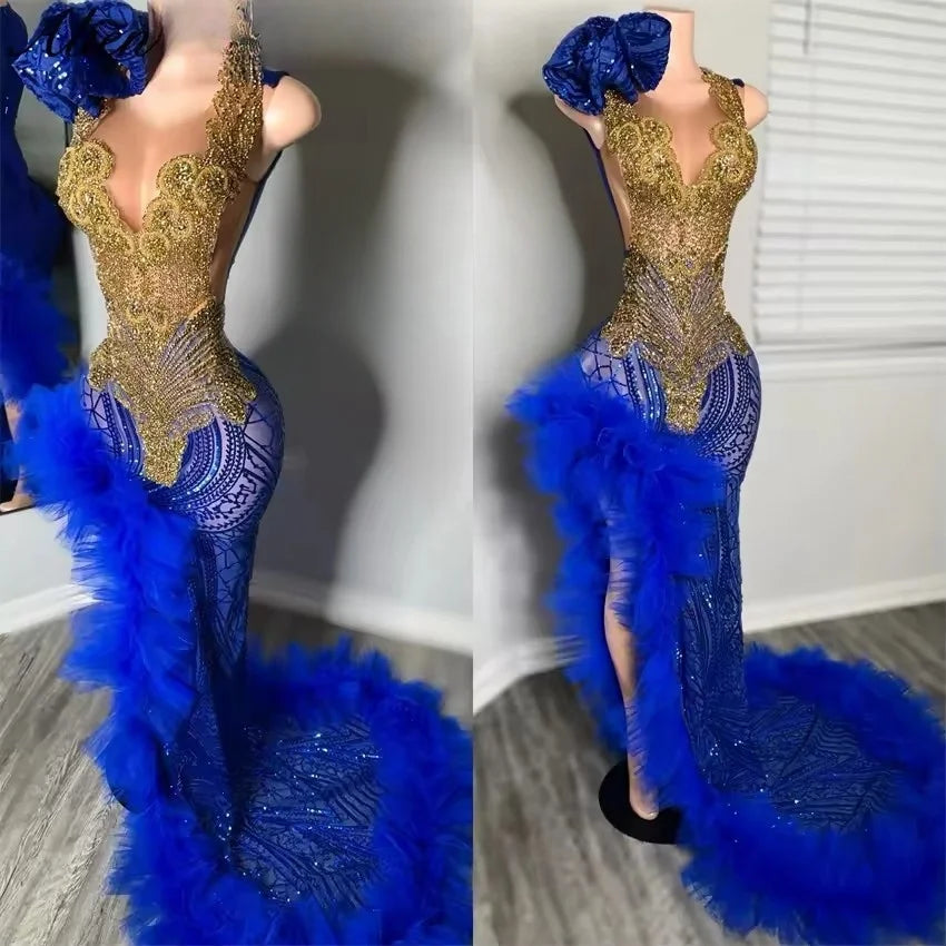 Exquisite Royal Blue Long Prom Dresses For Special Occasions Gold Crystal Ruffle Split Birthday Party Dress Robe Customized