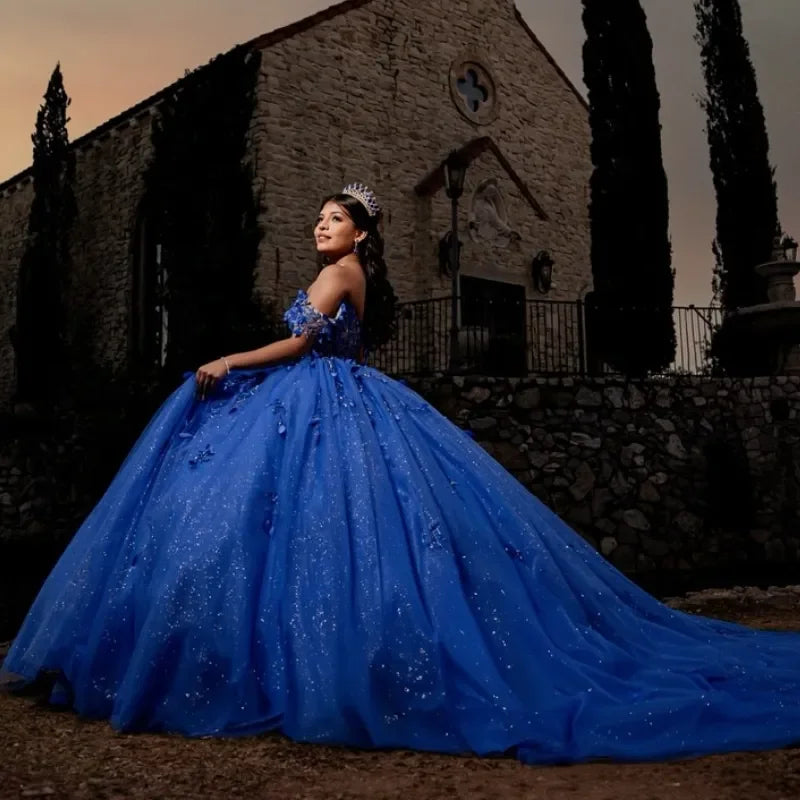 Glittered Royal Blue Quinceanera Dresses Off The Shoulder Applique Tulle Ball Gown Party Birthday Sweet customized Prom Dresses