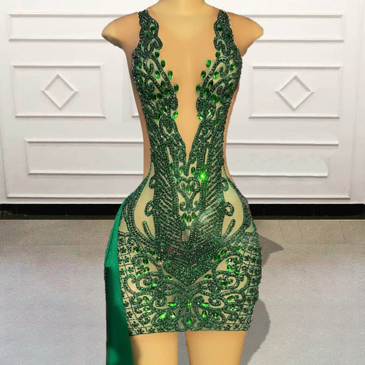 Black Girls Luxury Beaded Diamond Green Short Prom Dresses 2023 for Birthday Party Sexy See Through Women Mini Cocktail Gowns