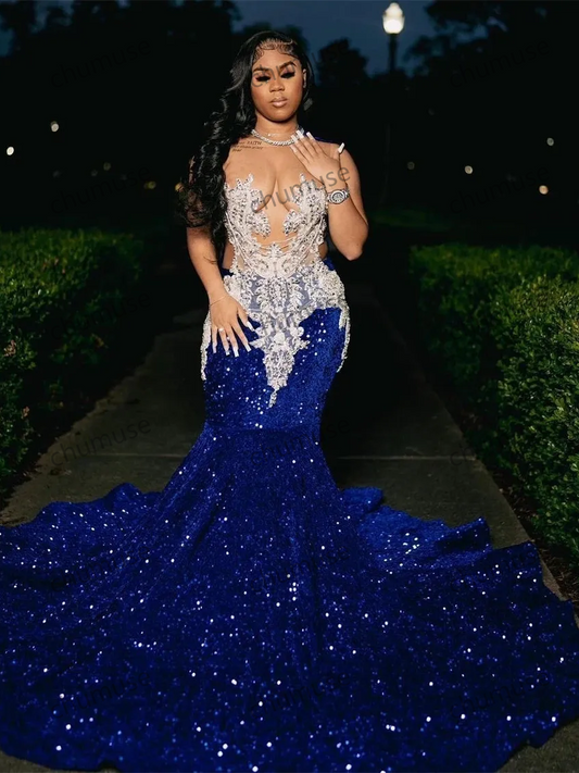 Royal Blue Sequins Mermaid Prom Dresses With Sheer Neck Plus Size Formal Evening Occasion