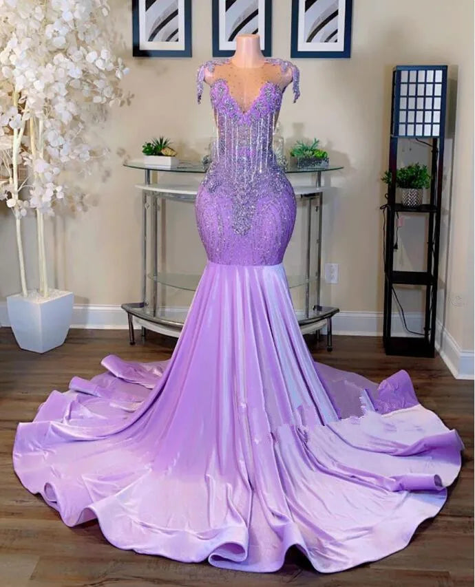 Lilac Purple Mermaid Prom Dress for Women Luxury Diamond Crystal Tassel Black Girl Birthday Runway Party Gown Gala