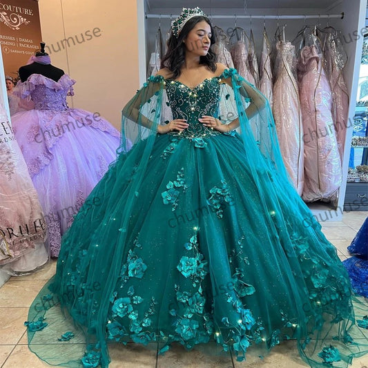 Green Princess Quinceanera Beaded With Cape Floral 3D Flowers V Neck Prom Dress