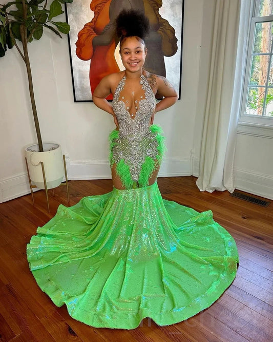 Green African American Prom Dresses Mermaid Sheer Sequins Beaded Black Girls Nigeria Robe De Soiree Evening Gown Customized