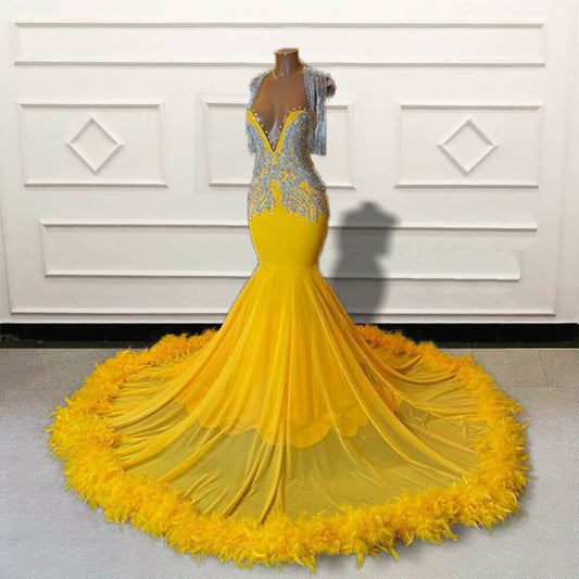 Black Girls Beaded Feathers Mermaid Long Prom Dresses 2023 for Graduation Party Luxury Yellow Women Custom Formal Evening Gown