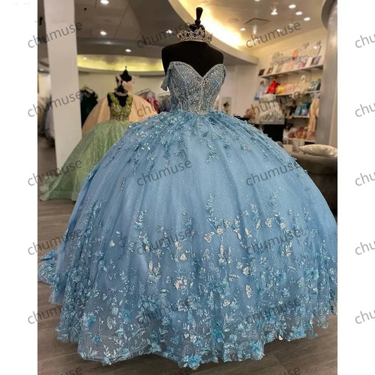 Light Blue Ball Gown Off Shoulder Quinceanera Dresses Sequined Lace Beading Crystal