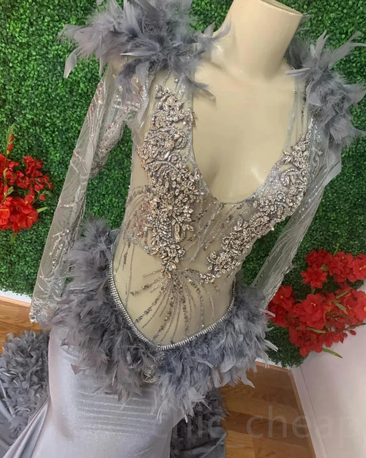 Gray African American Prom Dresses Mermaid Long Sleeves Feather Crystals Black Girls Nigeria Robe De Soiree Gown Customized