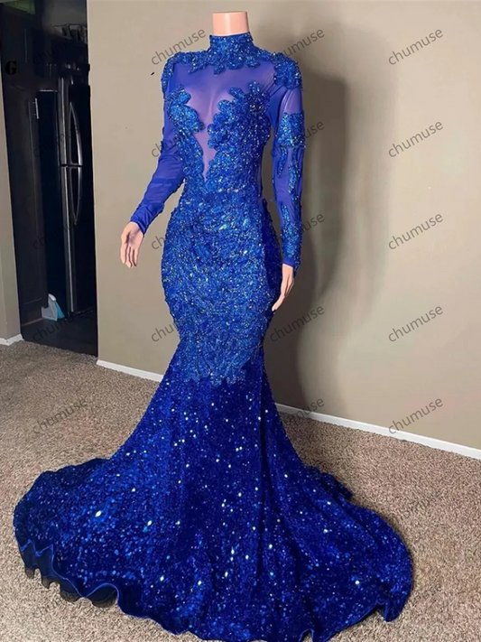 Royal Blue Sequin Prom Dresses Long Sleeve Evening Dresses