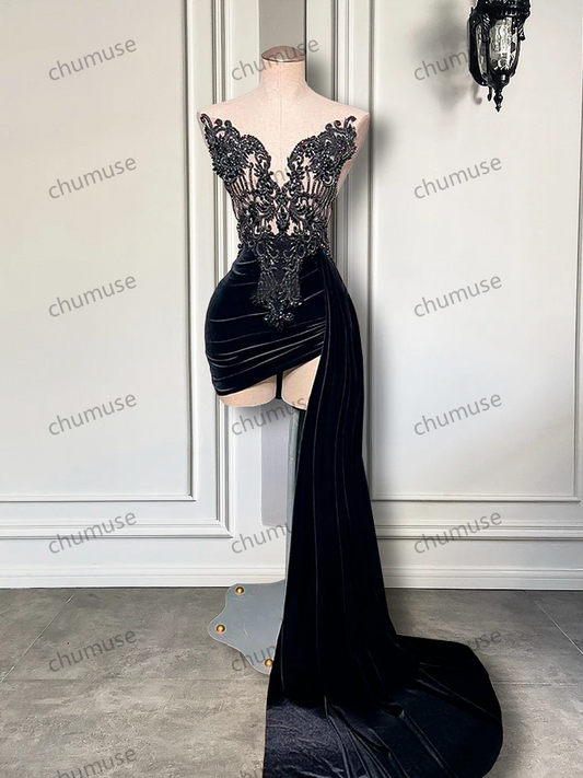 New Arrival Beaded Embroidery Women Homecoming Gowns Black Velvet Short Prom Dresses