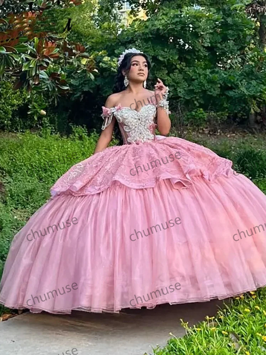 Pink Off The Shoulder Lace Ruffles Mexican Quinceanera Dress Ball Gown