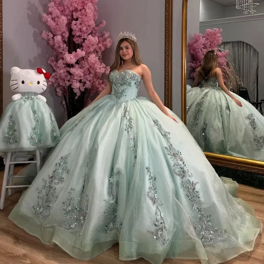 Sparkly Light Green Quinceanera Dresses Sequin Off The Shoulder Ball Gown Appliques Tull Sweet 16 Vestidos De 15 Anos Customized