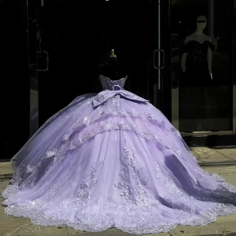 Lavender V-Neck Quinceanera Dresses Applique Bow Off The Shoulder Ball Gown Tull Lace-Up Sweet 16 Dress customized