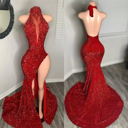 Glitter Red Sequins Mermaid Prom Dresses 2025 Sexy Halter Beading Side Split Birthday Party Gown Customized