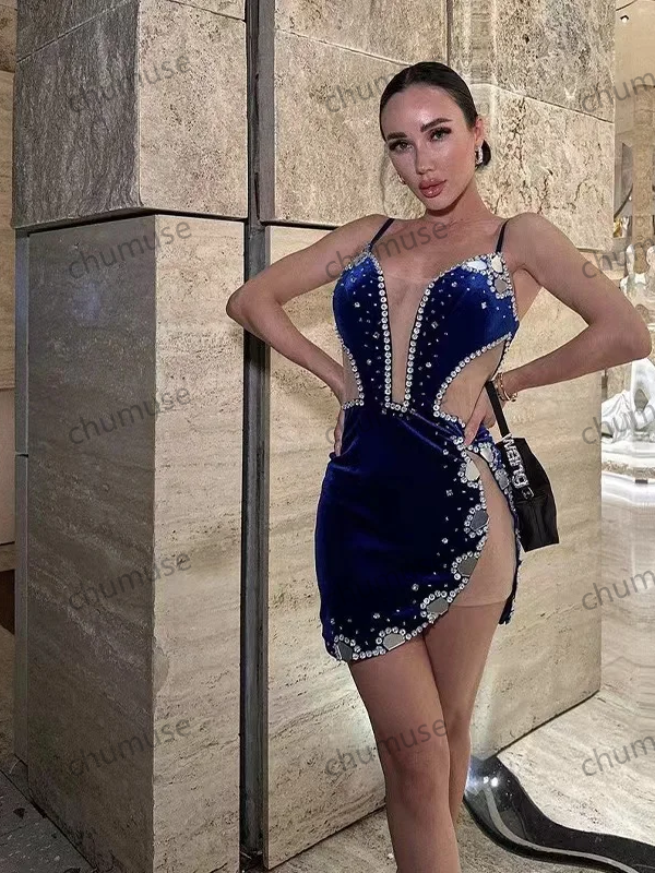 Blue Luxury Diamond Prom Party Bandage Dress Sexy Strapless Sleeveless Black Cocktail Evening Runway Club Dress