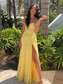 Yellow Chiffon Prom Dresses Strapless A line Side Split Wedding Dress Customized Sleeveless Floor-length