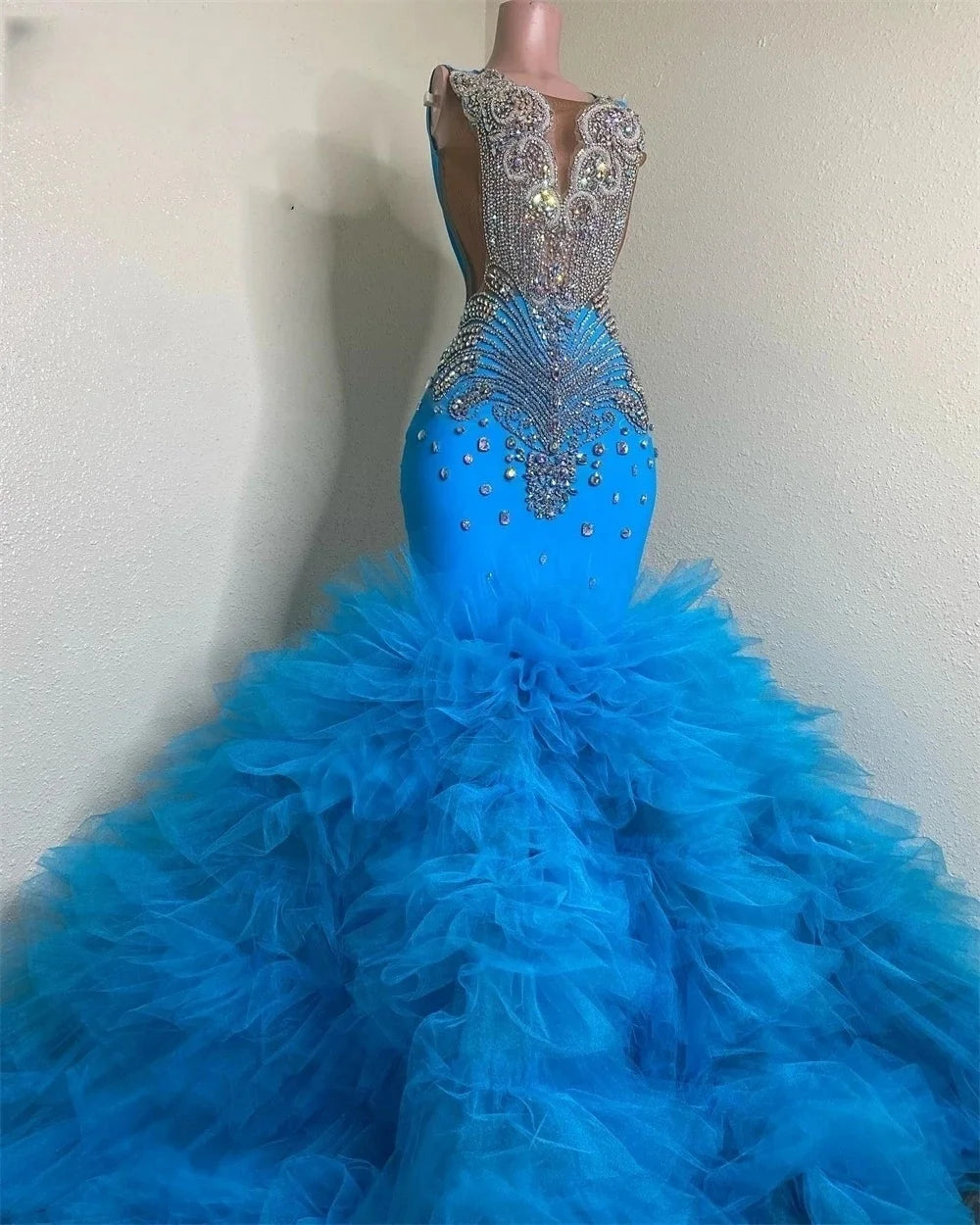 Sky Blue African American Long Prom Dresses For Black Girls Mermaid Sheer Ruffles Crystals Elegant Evening Gown Customized