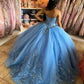 Blue Ball Gown Quinceanera Dresses Princess 15 Party Glitter Tulle Appliques Court Train Masquerade Cinderella Birthday Gowns