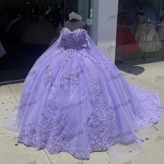 Lilac Quinceanera Dresses with Cape 15 Party 3D Flower Appliqued Beading