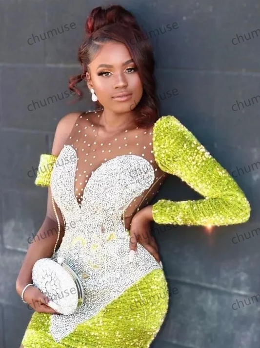 Green African American Prom Dresses Mermaid Long Sleeves Sequins Black Girls Evening Dresses Gown