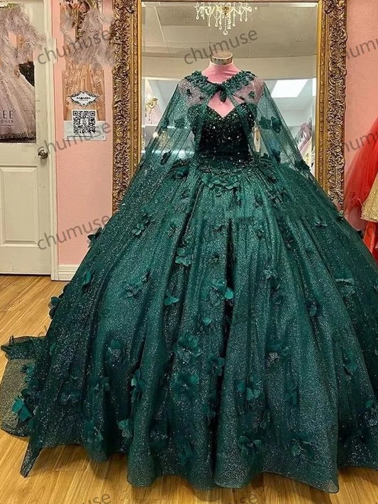 Emerald Green Beaded Crystal Ball Gown Quinceanera Dress With Cape